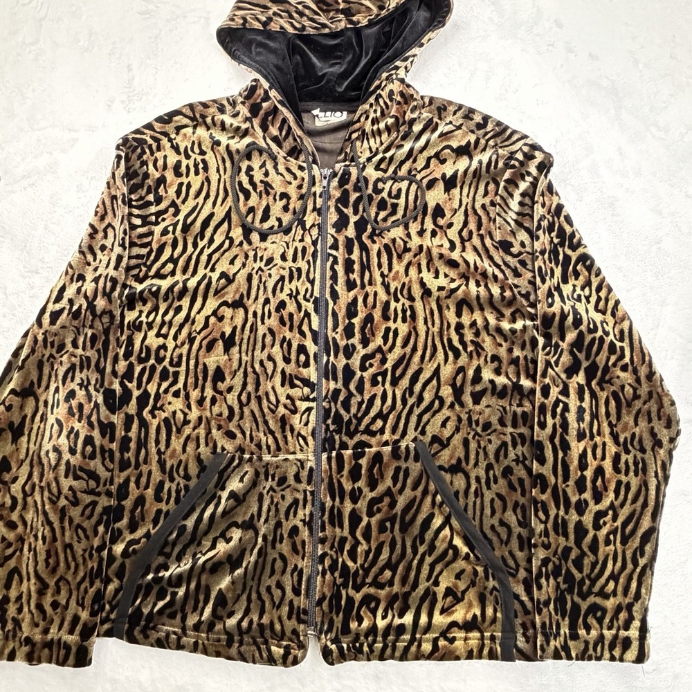 Vintage Clio Women's Large Animal Print Velour Full-Zip Hoodie Sweatshirt